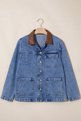 Sky Blue Patchwork Leather Collar Long Sleeve Denim Jacket