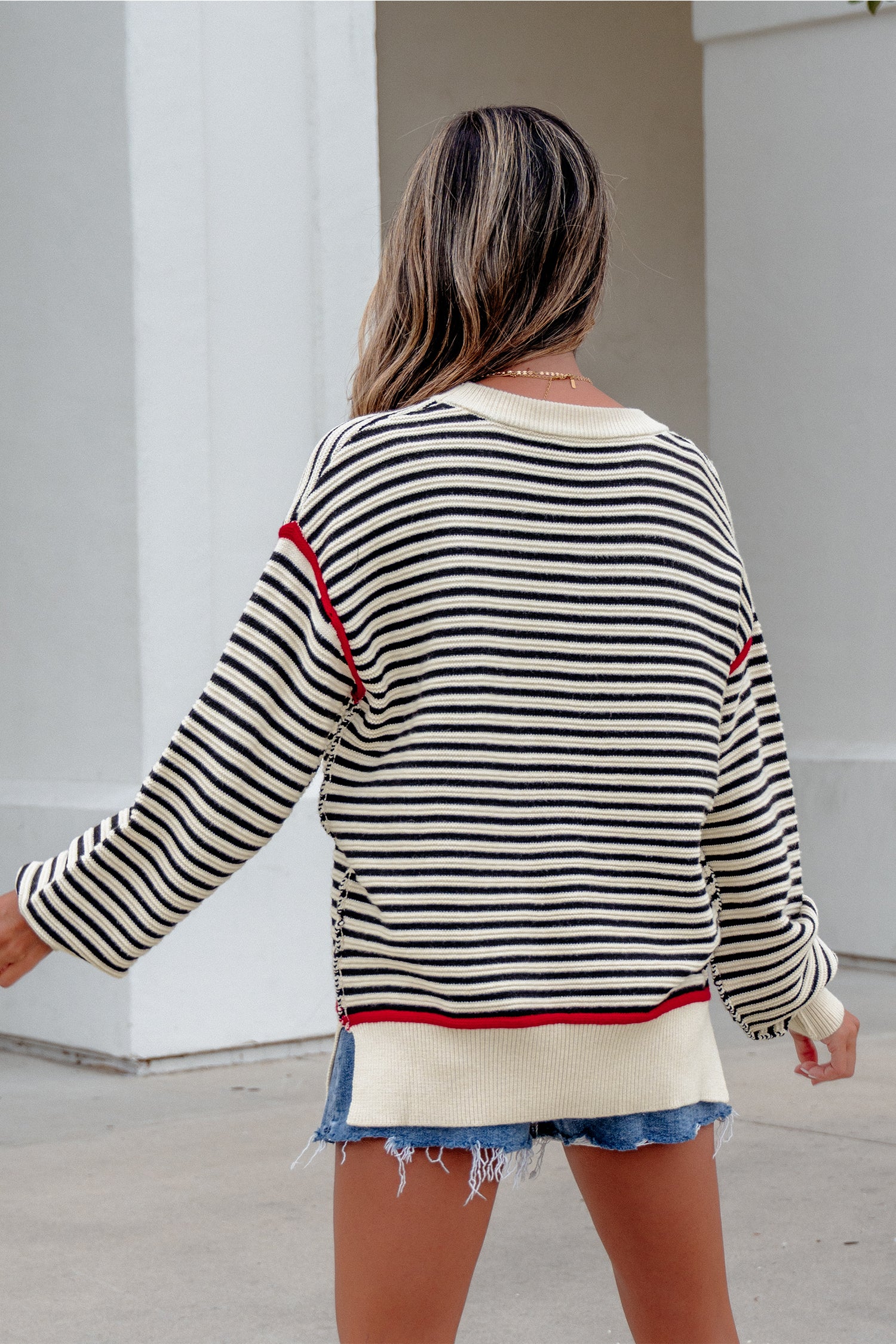 Black Stripe Ribbed Trim Drop Shoulder Oversized Sweater