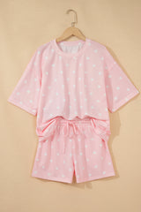 Pink Polka Dot Short Sleeve Loose Top Drawstring Shorts Set