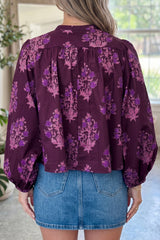 Purple Floral Print Button Front Long Puff Sleeve Shirt