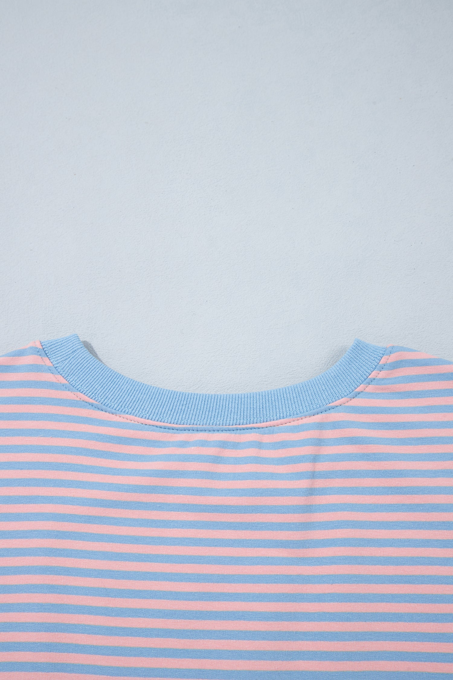 Sky Blue Stripe Colorblock Scalloped Trim Loose 3/4 Sleeve Top