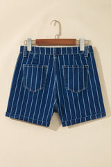 Blue Stripe Metal Button Detail Womens Denim Shorts