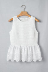 White Sleeveless Smocked Lace Peplum Top