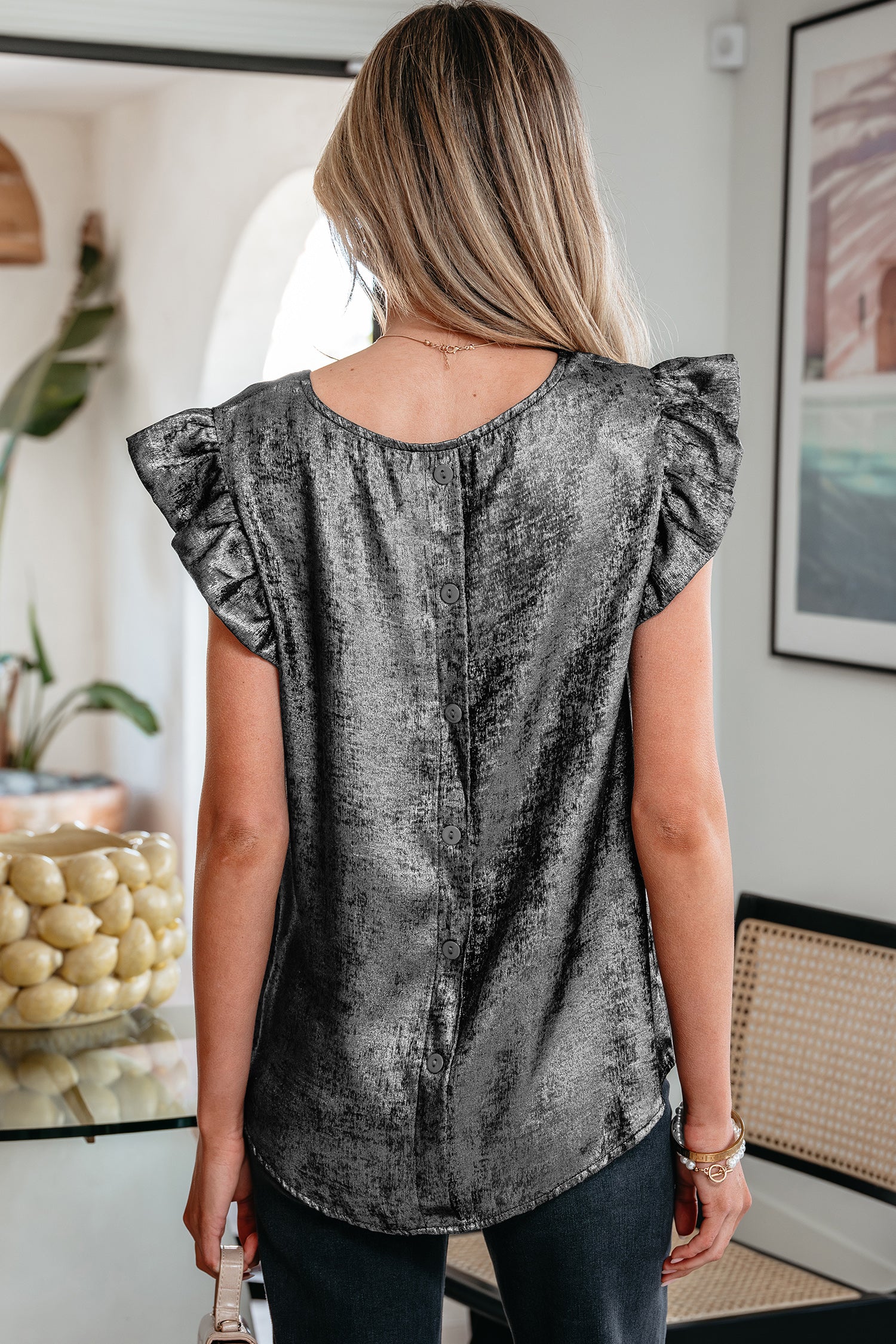 Silvery Metallic Round Neck Ruffle Trim Sleeveless Top