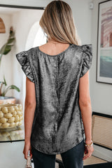 Silvery Metallic Round Neck Ruffle Trim Sleeveless Top