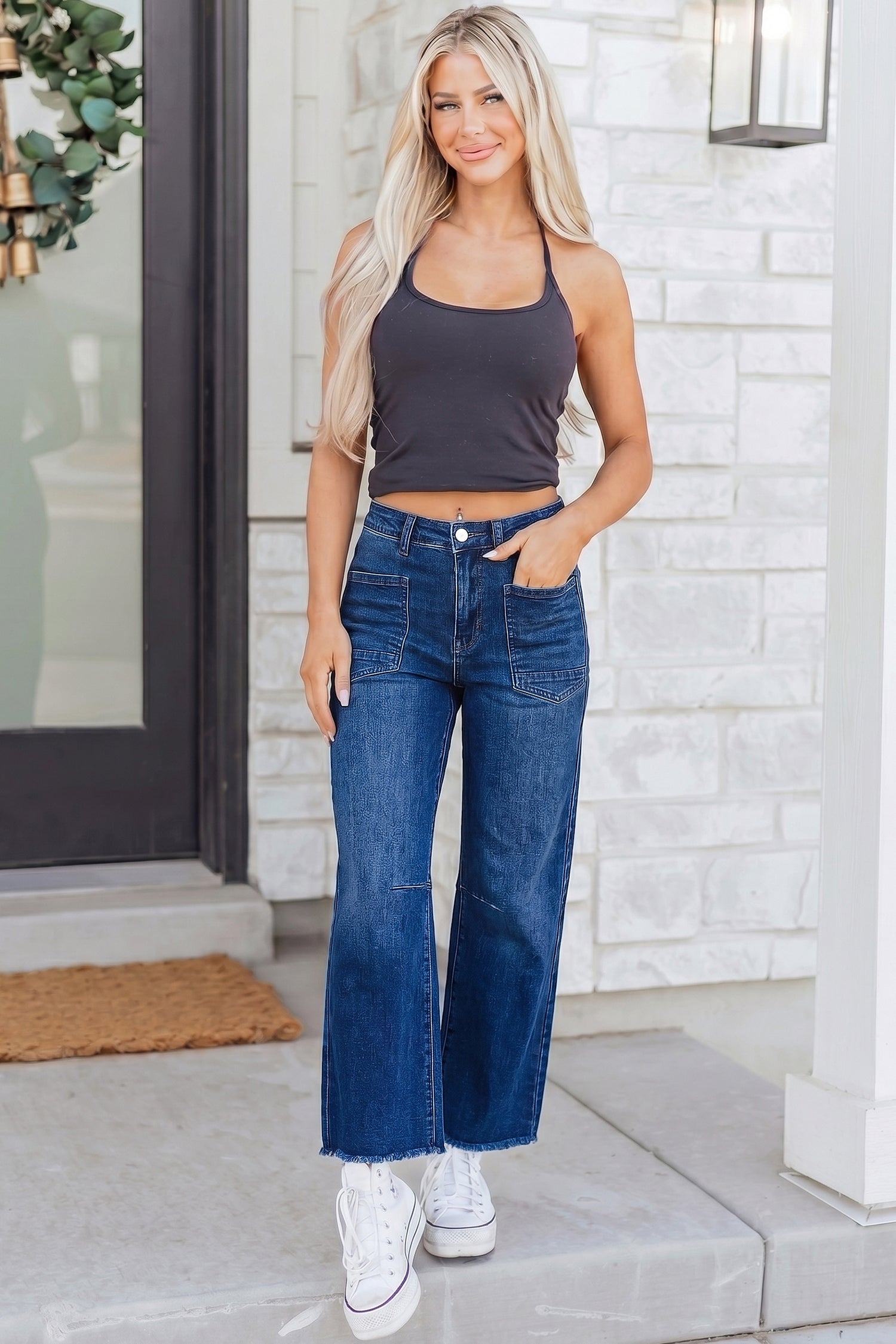 Sail Blue Frayed Cropped Barrel Jeans