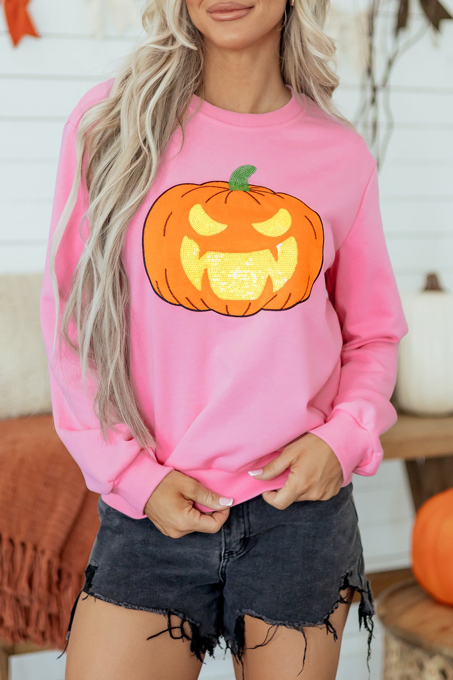Pink Embroidered Pumpkin Face Long Sleeve Round Neck Sweatshirt