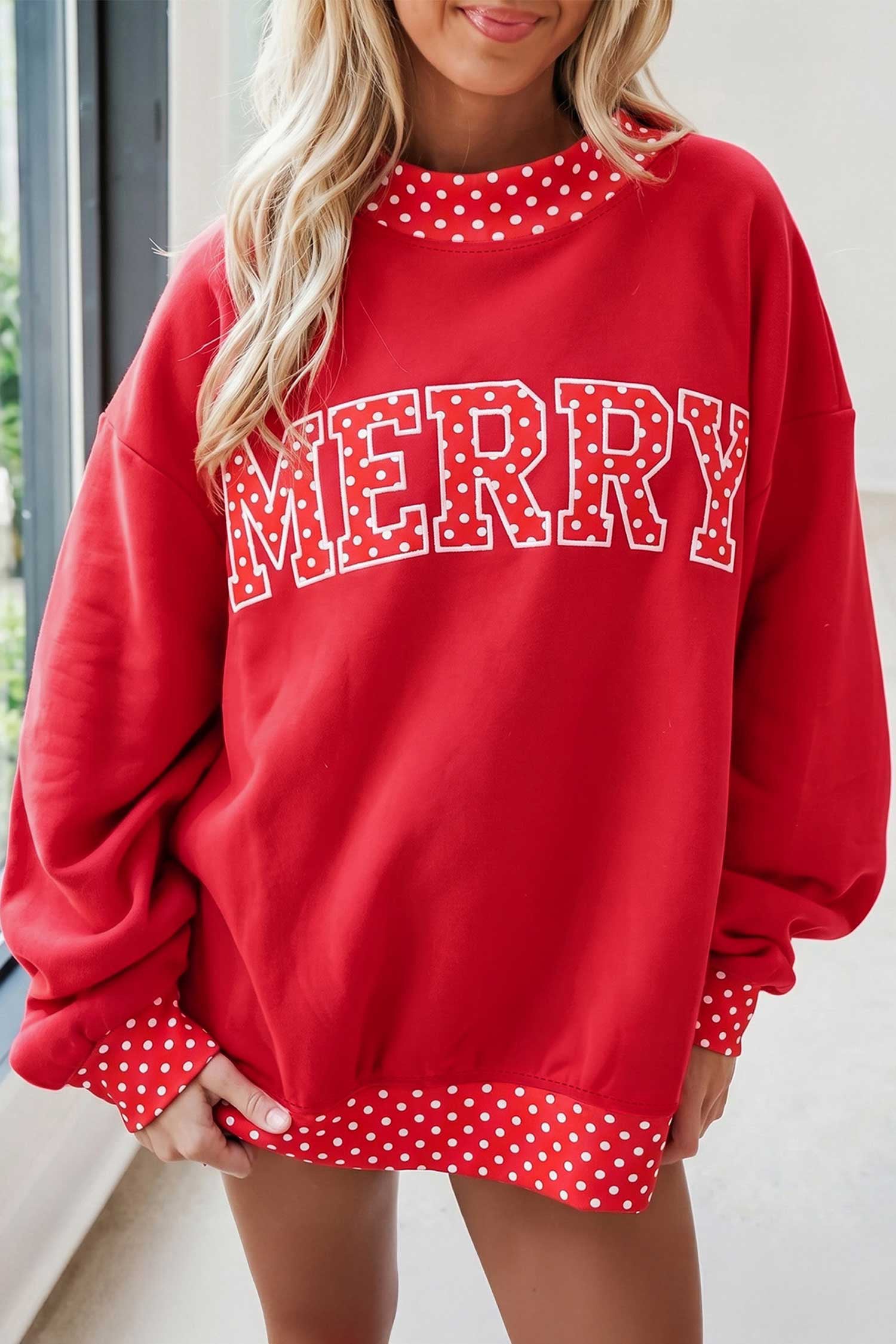 Sail Blue Polka Dot Letter Print Contrast Trim Mock Neck Sweatshirt