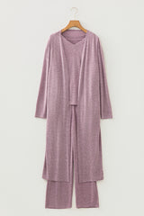 Delicacy 3pcs V Neck T Shirt Ribbon Knot Pants Open Duster 3pcs Lounge Set
