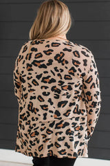 Khaki Leopard Print Long Sleeve V Neck Tunic Plus Size Cardigan