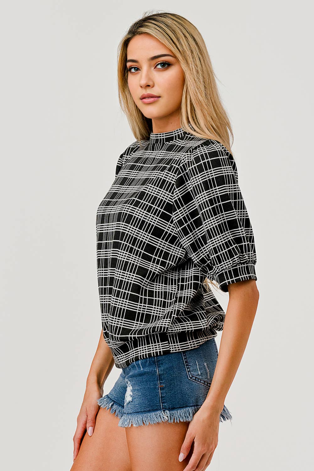 ROUND NECK 1/2 SLEEVE PLAID PUFFY SLEEVE TOP