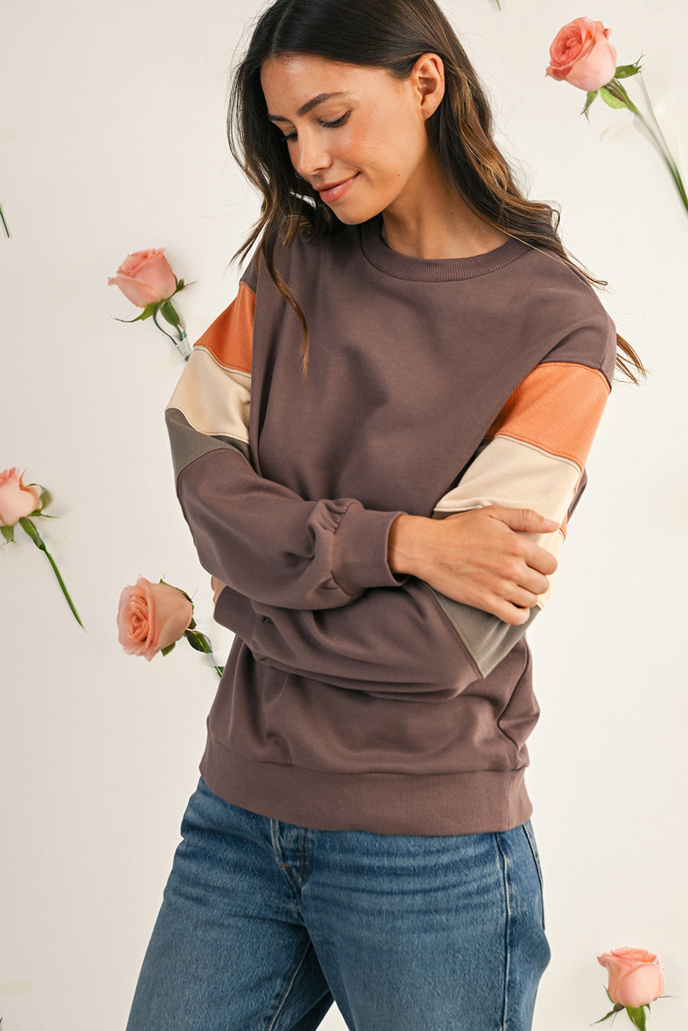 Dark Khaki Colorblock Drop Shoulder Pullover Casual Sweatshirt