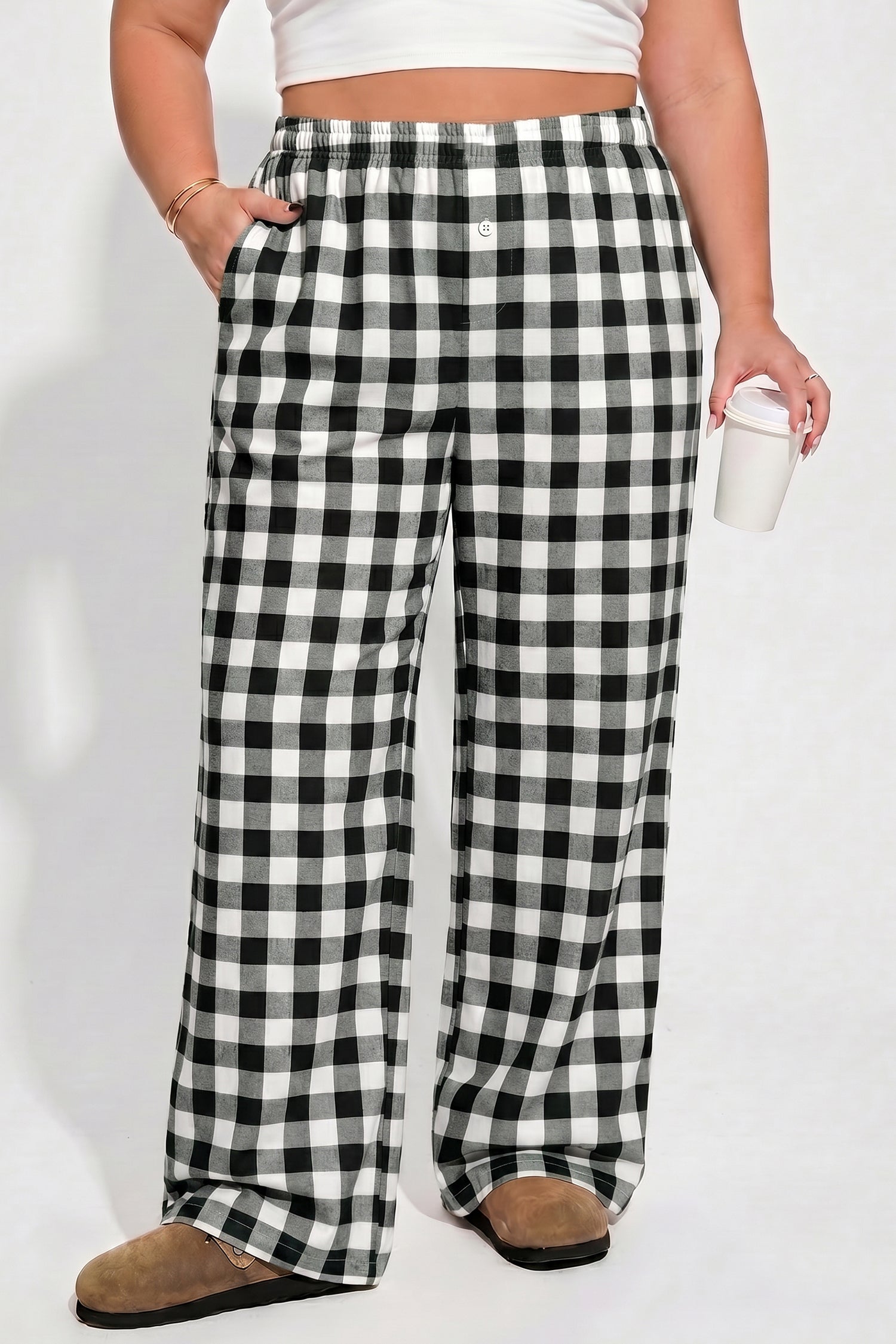 Black Plus Size Plaid Pattern Elastic Waist Shift Pants