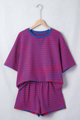 Navy Stripe Striped Ribbed Cotton Two-Piece Short Set with Chest Patch Detail