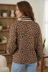 Brown Leopard Print Striped Trim Collar Long Sleeve Shift Pullover