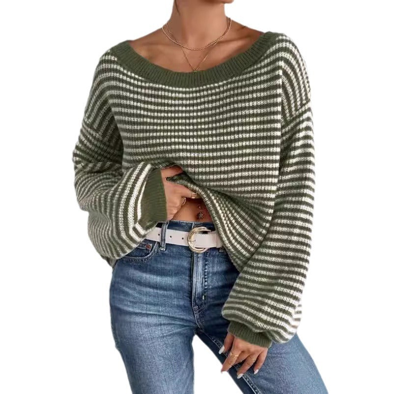 Off-neck Shoulder-baring Sweater Contrast Color