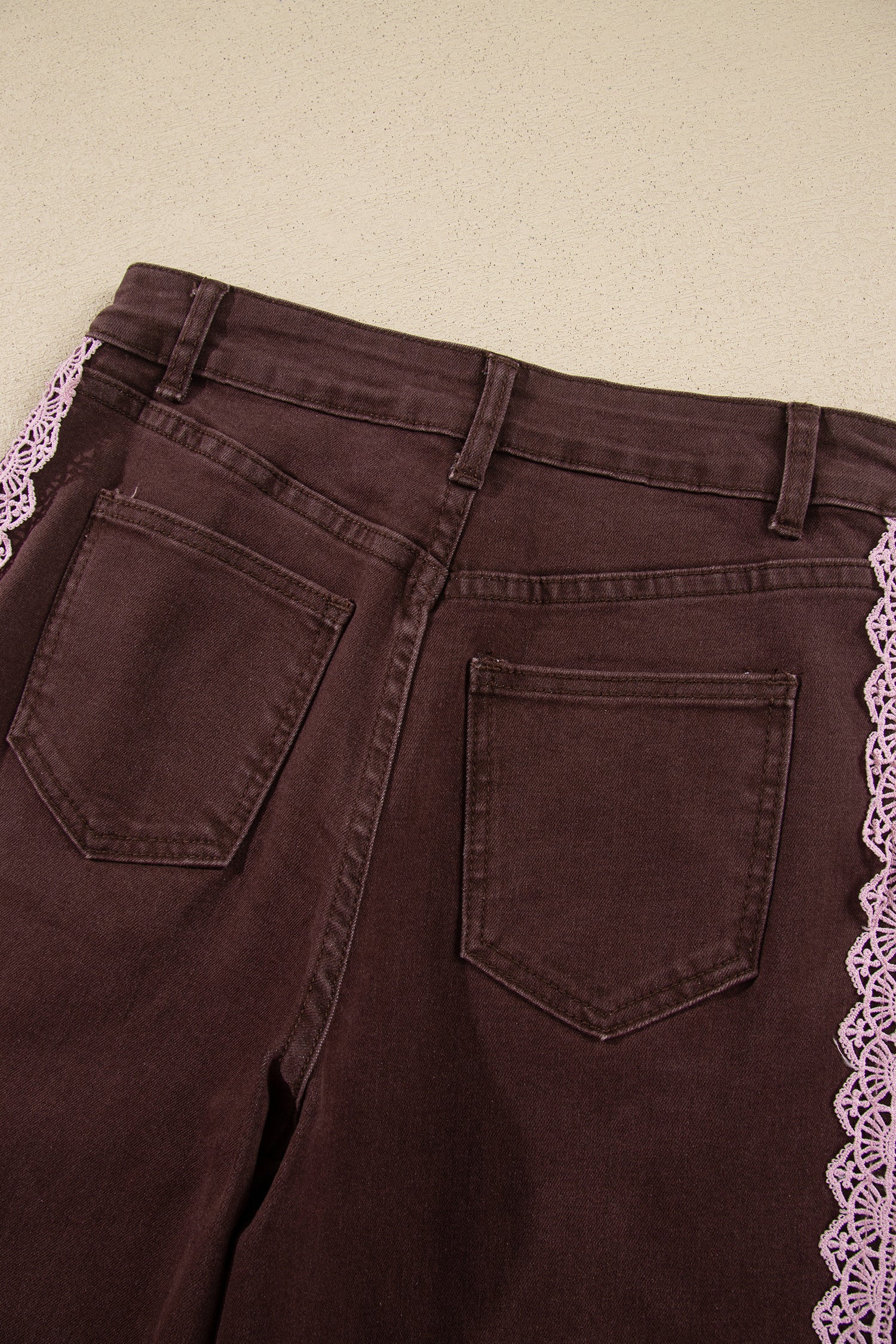 Coffee Lace Trim Casual Full-Length Regular Fit Jeans