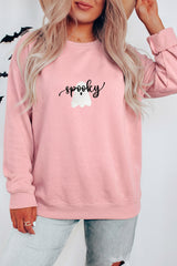 Pink Embroidered Ghost Halloween Graphic Sweatshirt