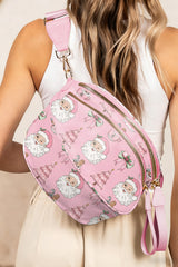 Pink Christmas Theme Double Zip PU Leather Crossbody Bag