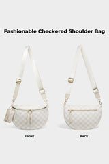 White Checkered Crescent Shoulder Bag with Detachable Pouch