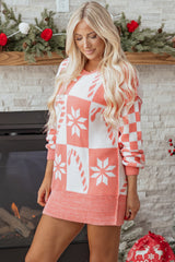 Pink Candycane Snowflake Checker Christmas Holiday Drop Shoulder Tunic Loose Sweater