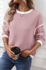Light Pink Contrast Color Trim Knit Drop Shoulder Loose Top