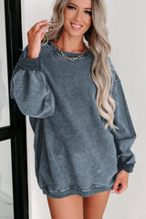 Blue Plain Solid Ribbed Knit Round Neck Pullover Sweatshirt