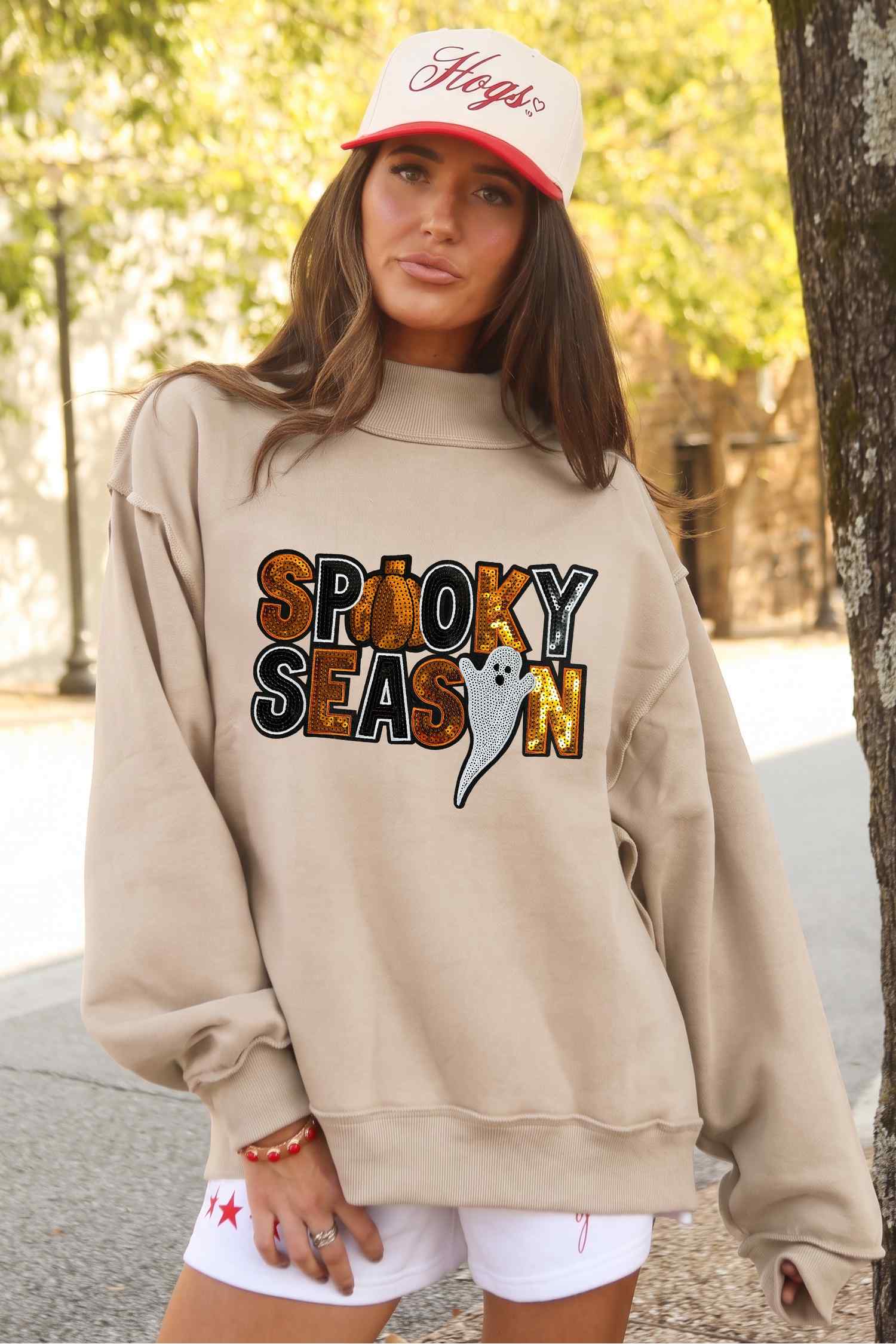 Apricot Sequin Spooky Season Graphic Mock Neck Halloween Sweatshirt