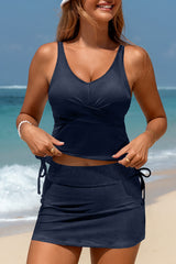 Sky Blue Ribbed Knit Crossed Detail Tank Skort 2pcs Swimsuit