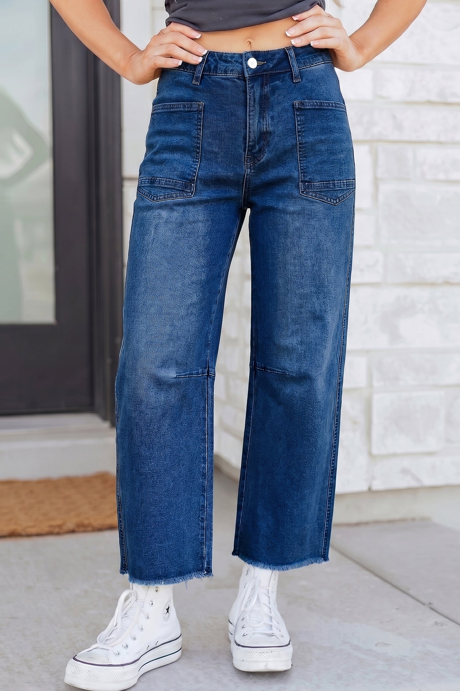 Sail Blue Frayed Cropped Barrel Jeans
