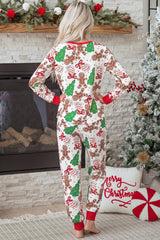 White Christmas Pattern Button V Neck Pullover Drawstring Pants 2pcs Lounge Set