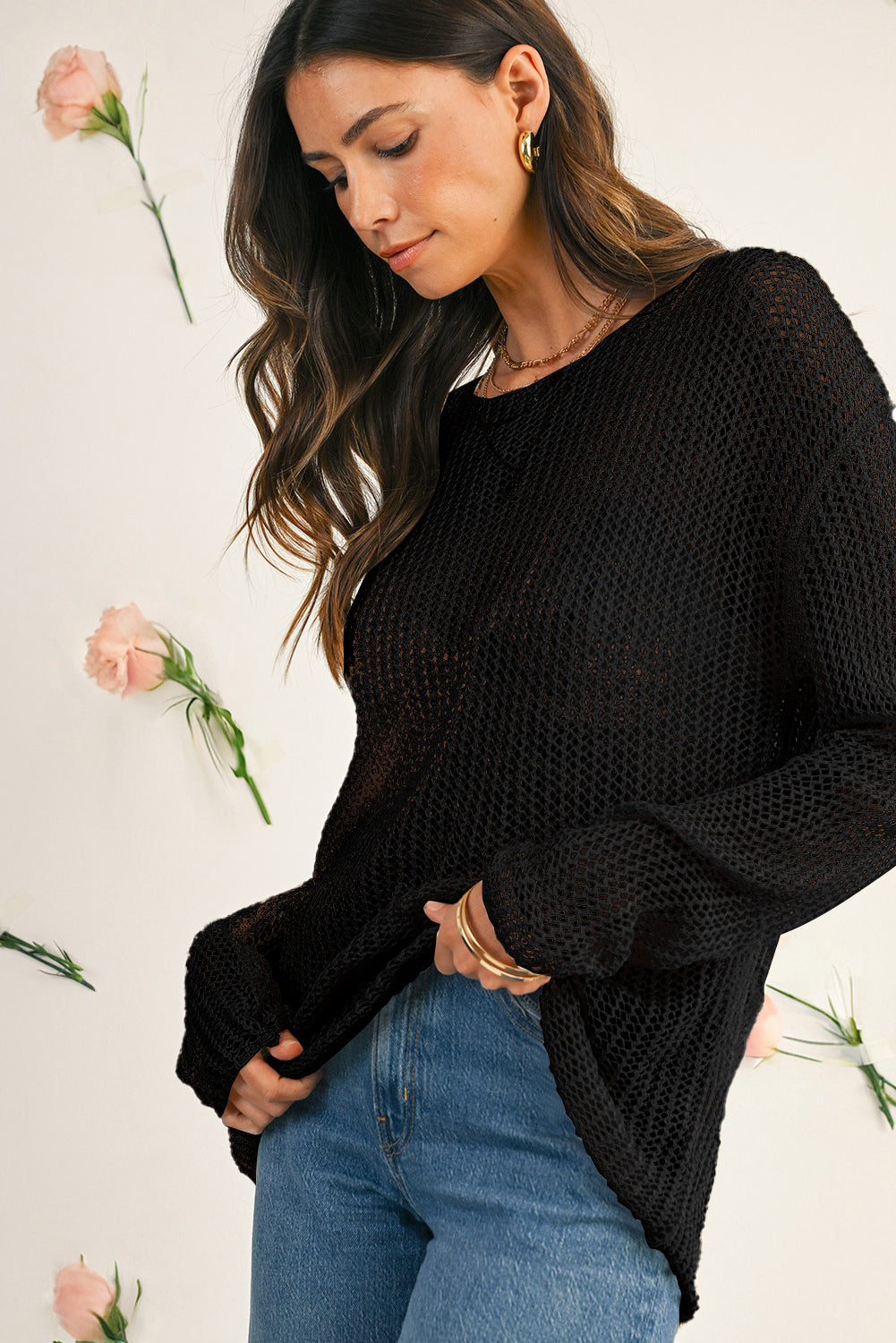 Smoke Gray Crochet Hollow-out Knit Sweater