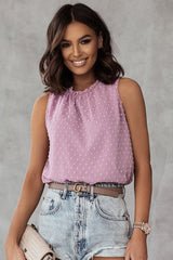 Pink Swiss Dot Sleeveless Ruffle Tank