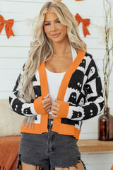 Black Geometric Ghost Print Drop Shoulder Knit Cardigan