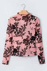 Gossamer Pink Retro Floral Print Mesh Long Sleeve Pullover Blouse