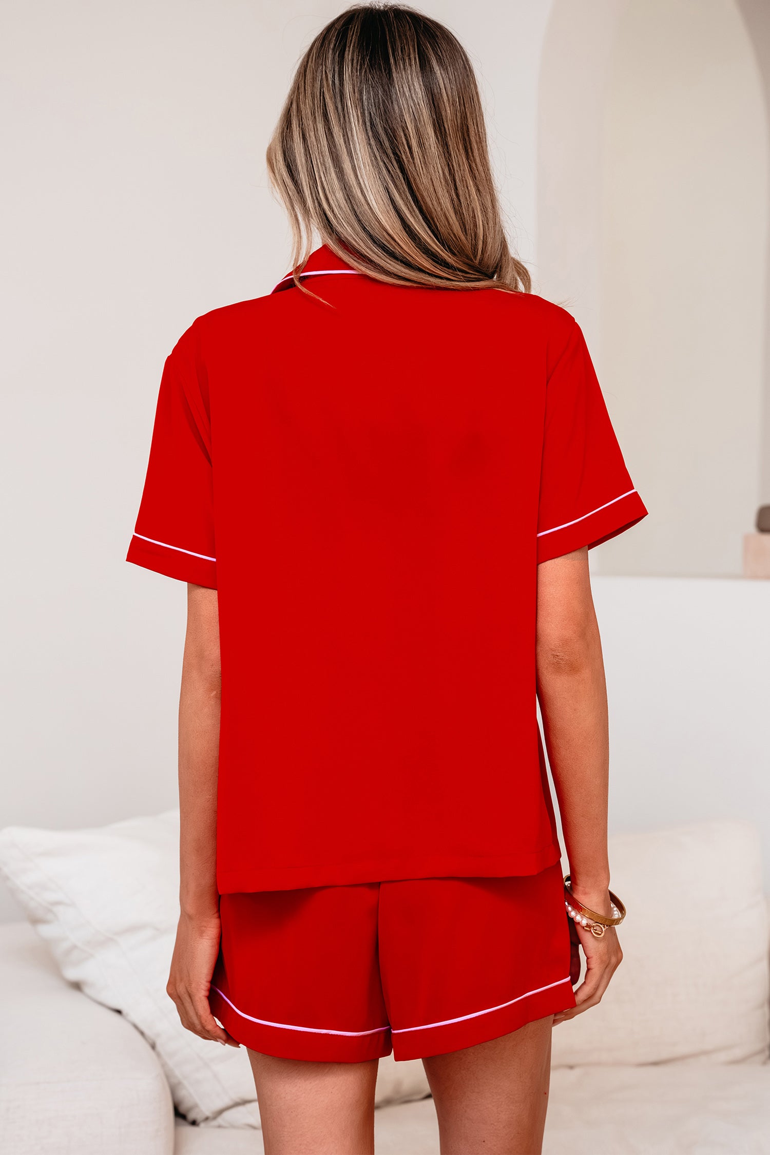 Fiery Red Contrast Trim Ribbon Bow Short Silky 2pcs Pajama Set