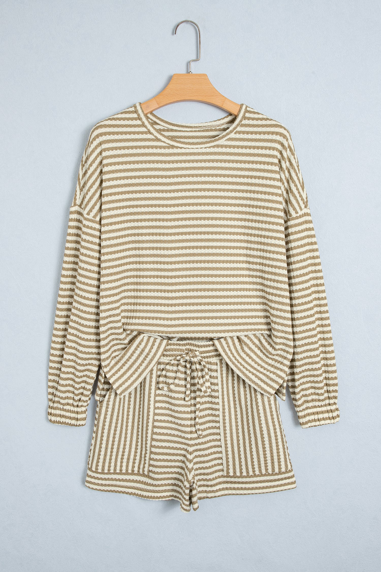 Brown Stripe Textured Knit Long Sleeve Top Elastic Waist Shorts Casual Outfit