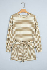 Brown Stripe Textured Knit Long Sleeve Top Elastic Waist Shorts Casual Outfit