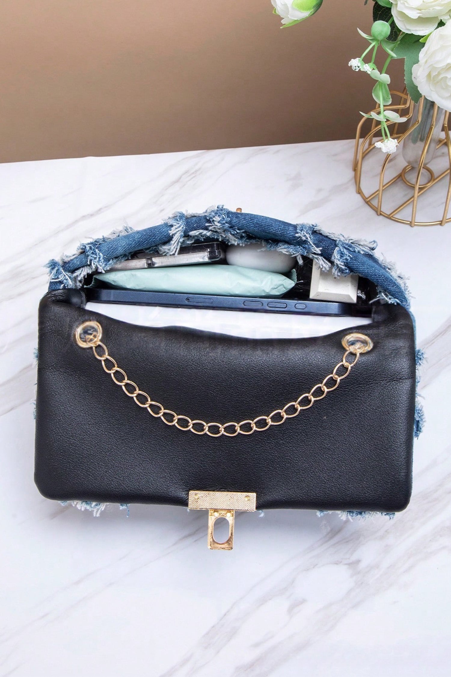 Blue Distressed Lattice Denim Chain Strap Shoulder Bag