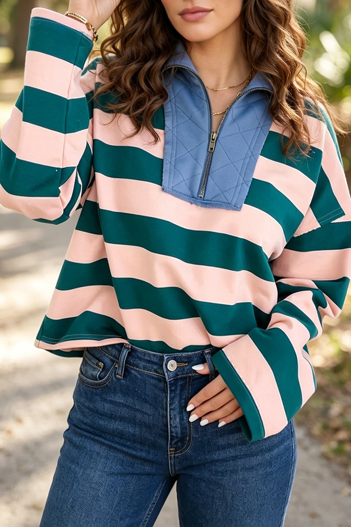 Green Stripe Quarter-Zip Metal Zipper Cover Stitch Hem Top