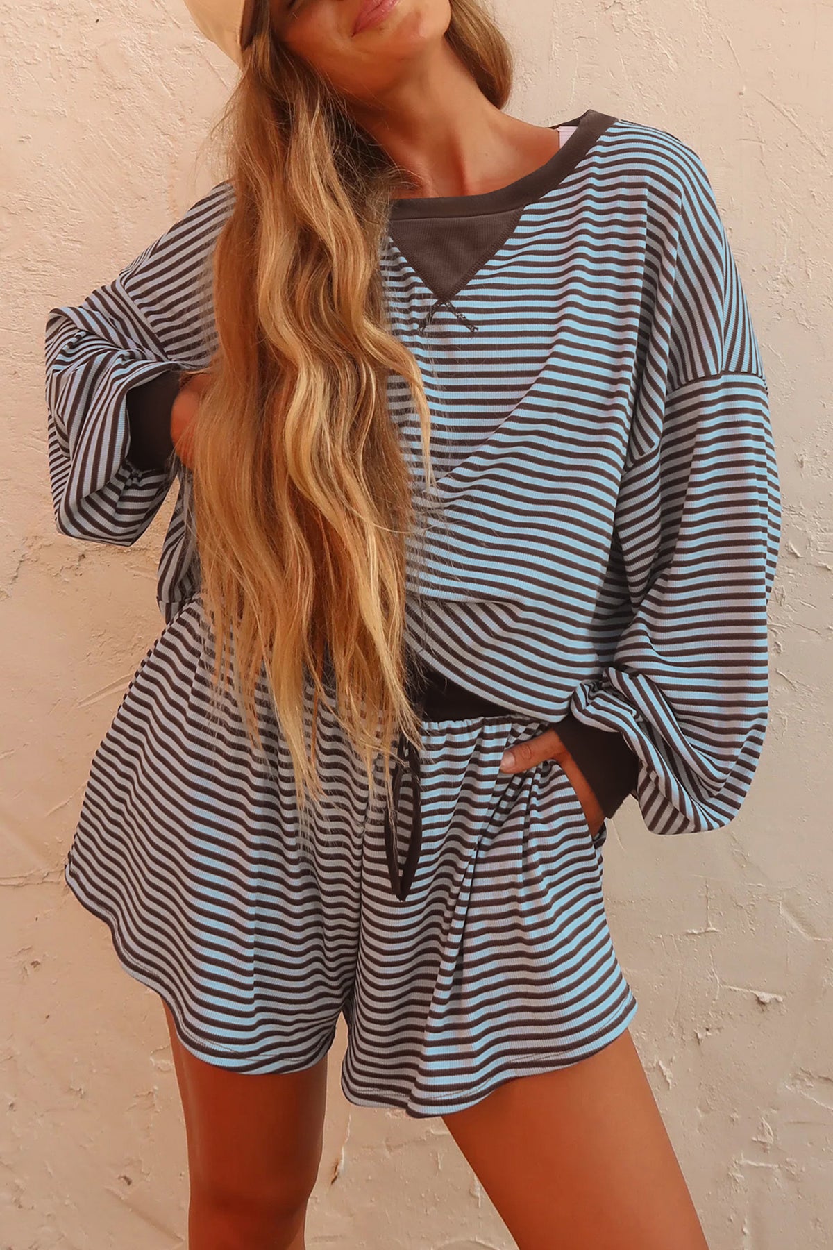 Brown Stripe Oversized Long Sleeve Top Drawstring Loose Shorts 2pcs Set