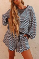 Brown Stripe Oversized Long Sleeve Top Drawstring Loose Shorts 2pcs Set