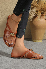 Chestnut Hollowed Mesh Contrast Band Patchwork Oval Detail Flat Slippers