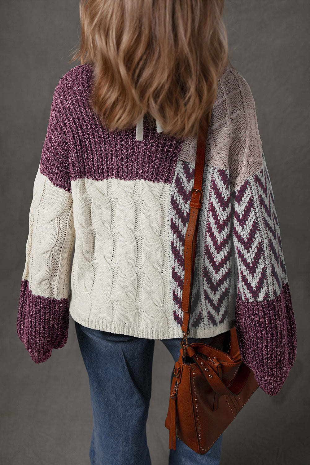 Brown Color Block Patchwork Knotted Back Loose Fit Sweater