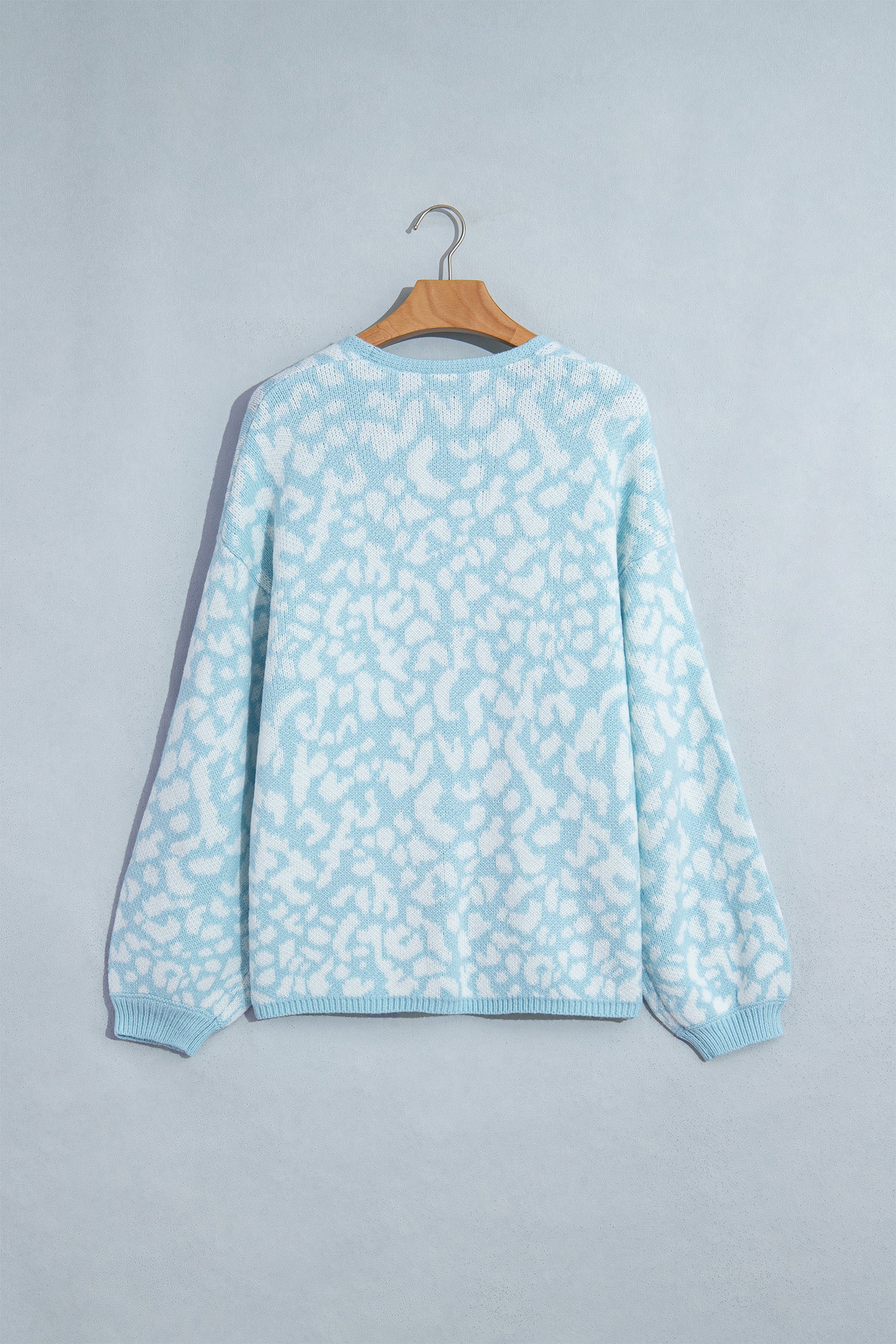Light Blue Leopard Print V Neck Long Sleeve Loose Fit Knit Cardigan