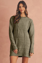 Mist Green Twist Cable Knit Drop Shoulder Loose Fit Sweater Dress