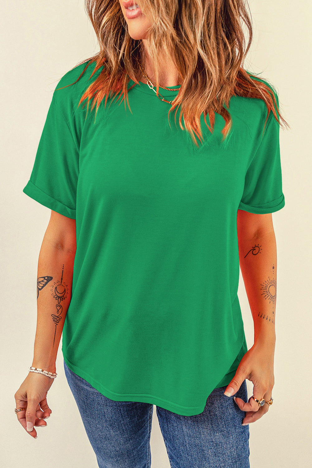 Yellow Cream Casual Plain Crew Neck Tee