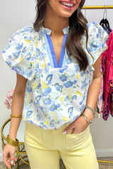 Sky Blue Floral Print Frilled Notch V Neck Ruffle Blouse