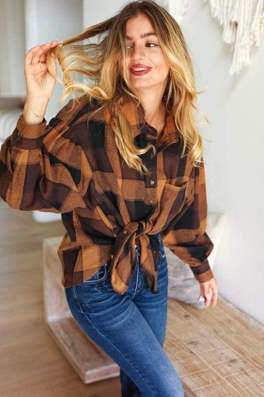 Rock'n Plaid Camel & Charcoal Button Down Oversized Shirt