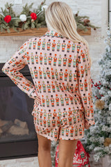 Pink Nutcracker March Long Sleeve Button Up 2pcs Pajama Short Set